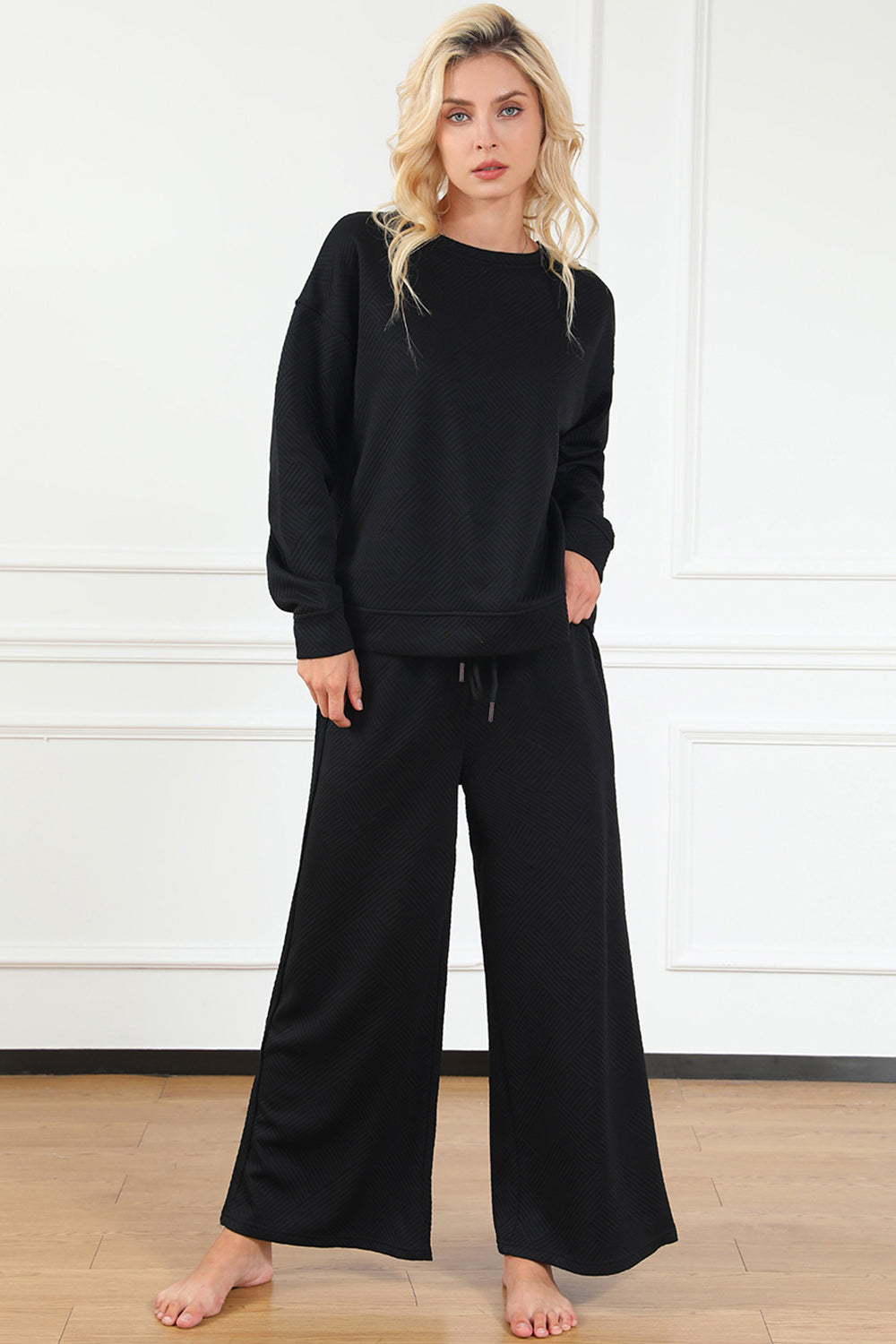 Day Out Textured Long Sleeve Top and Drawstring Pants Set