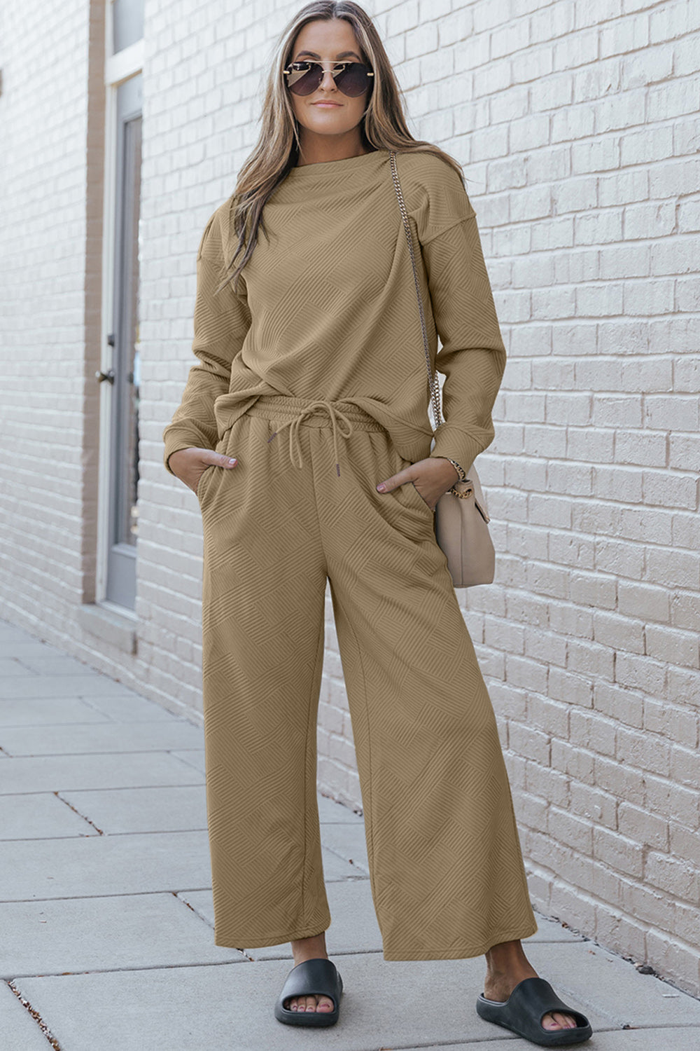 Day Out Textured Long Sleeve Top and Drawstring Pants Set