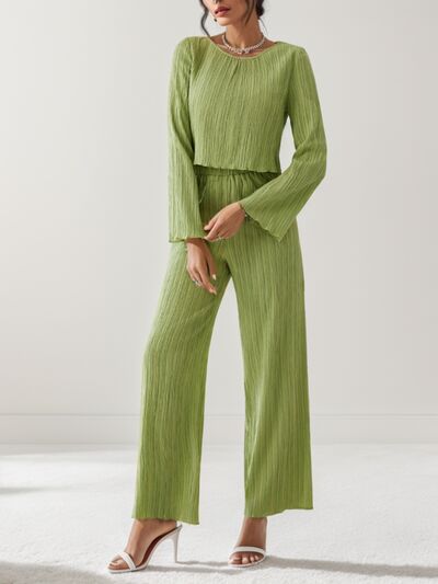 Leg-Of-Mutton Sleeve Top and Flare Pants Set